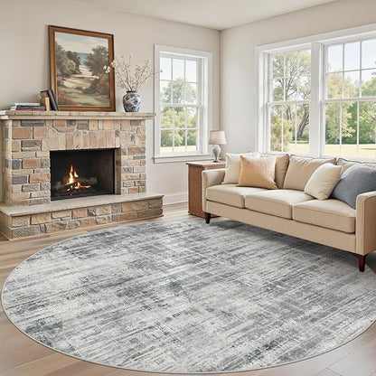 8ft Round Area Rug for Living Room: 8x8 Washable Neutral Abstract Modern Soft Rugs Non Slip Indoor Floor Stain Resistant Carpet for Bedroom Dining Room Office Nursery - Gray