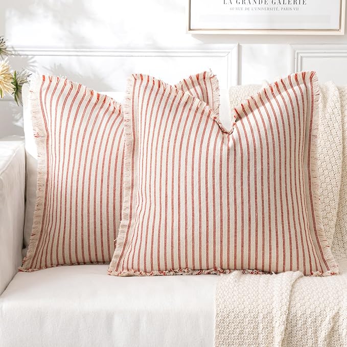 MIULEE Pack of 2 Christmas Red Pillow Covers 20x20 Inch Striped Farmhouse Couch Throw Pillow Covers with Fringe Chic Linen Decorative Cushion Covers for Sofa Living Room Bed Outdoor Home Decor