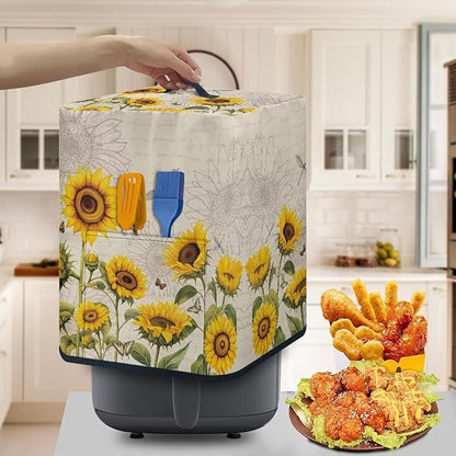 Air Fryer Cover Kitchen Appliance Cover with Top Handle and Accessories Pockets Stain Resistant Washable Ideal Gift for Women Wife, Sunflower Dragonfly Retro