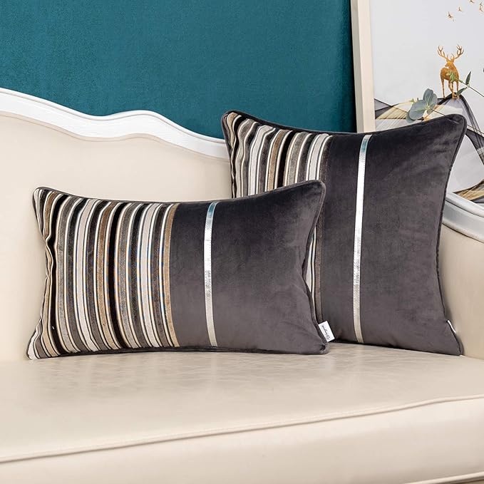 Yangest Grey Striped Patchwork Throw Pillow Cover Gold Leather Cushion Cover Zippered Rectangular Pillowcase for Sofa Couch Bedroom Living Room Home Decoration, 12x20 Inch
