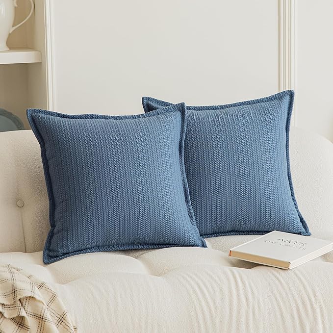 Set of 2 Herringbone Embossed Stripe Flange Throw Pillow Covers for Couch and Bed - 18"x18", Steel Blue