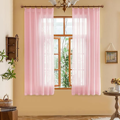 MAIHER Pink Pinch Pleat Sheer Curtains 63 Inches Long Short Curtain Panels Soft Touch Light Filtering Pleated Drapes with Adjustable Hooks for Bedroom Nursery, Pink, 42" W x 63" L, 2 Panels