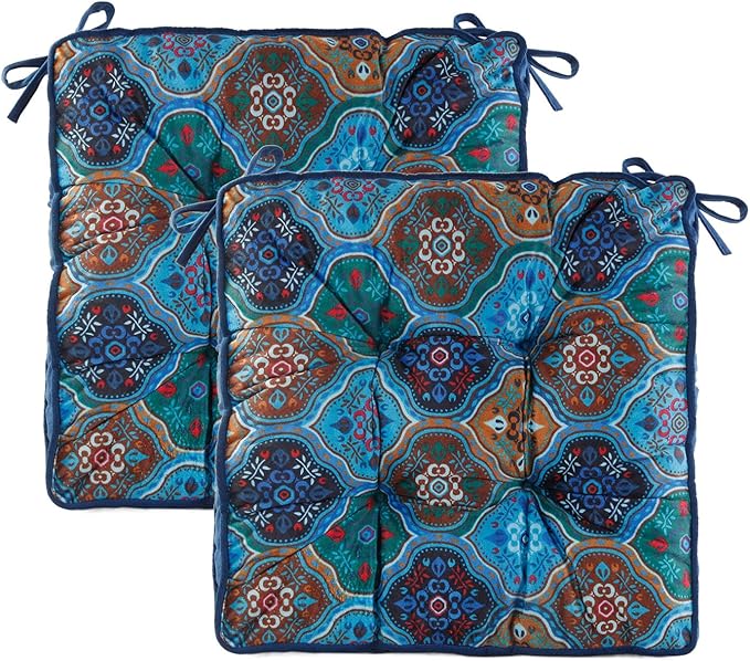 Bohemian Square Seat Cushions for Kitchen Dining Living Tea Room,16.5" x 16.5" Printing Velvet Chair Pads with Non-Slip Ties, 2Packs, Blue