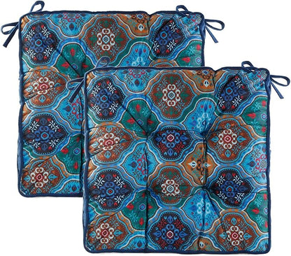 Bohemian Square Seat Cushions for Kitchen Dining Living Tea Room,16.5" x 16.5" Printing Velvet Chair Pads with Non-Slip Ties, 2Packs, Blue