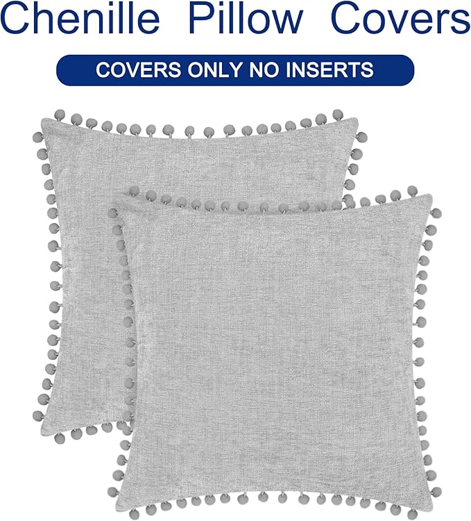 CaliTime Throw Pillow Covers Decorative 22 X 22 Inches Pack of 2 Cozy Solid Dyed Soft Chenille Cushion Cases with Pom Poms for Couch Sofa Bed Living Room Home Moonbeam Gray