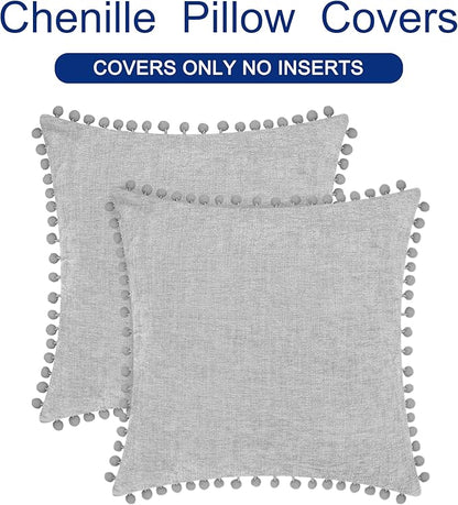 CaliTime Throw Pillow Covers Decorative 20 X 20 Inches Pack of 2 Cozy Solid Dyed Soft Chenille Cushion Cases with Pom Poms for Couch Sofa Bed Living Room Home Moonbeam Gray