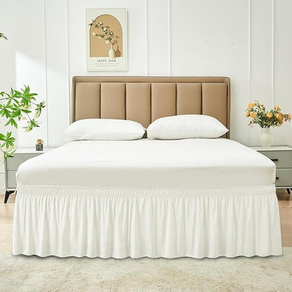 Biscaynebay Wrap Around Bed Skirts for Queen Beds 14" Drop, Ivory Adjustable Elastic Dust Ruffles Easy Fit Wrinkle & Fade Resistant Silky Luxurious Fabric Solid Machine Washable