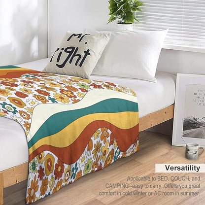 70s Retro Floral Throw Blanket, Boho Groovy Wavy Geometric Hippie Cute Flowers Yellow Orange Abstract Print Blanket for Holiday Theme Home Decor Bedding Couch and Gift 50"x60"
