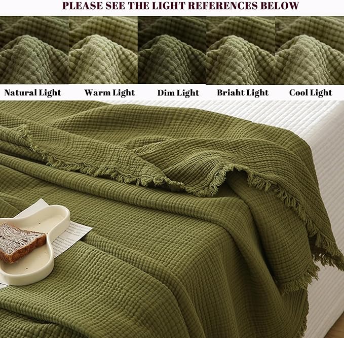 MorroMorn 100% Cotton Muslin Throw Blanket with Fringes 50"x60", 4-Layer Cotton Gauze Blankets for Adults, Boho Bedding Breathable Lightweight Ultra-Soft for Couch Bed Sofa All Seasons, Olive Green