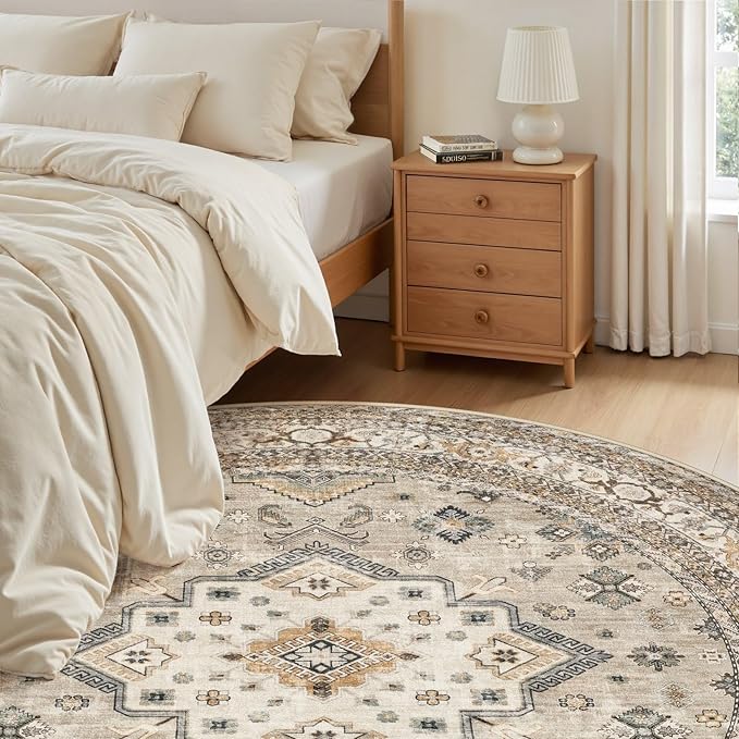 5ft Round Vintage Living Room Area Rug - 5x5 Large Soft Washable Oriental Traditional Distressed Farmhouse Rugs for Bedroom - Indoor Floor Accent Carpet for Home Office House Decor - Beige