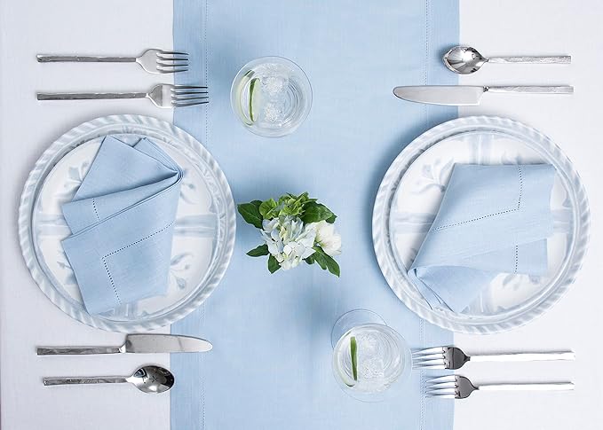 Solino Home Linen Sky Blue Table Runner 144 Inches Long - 100% Pure Linen Extra Long Table Runner 14 x 144 Inch for Christmas, New Year - Classic Hemstitch