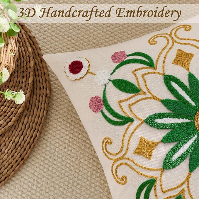 Embroidered Throw Pillow Cover 18x18 Christmas Boho Floral Pattern Pillows Cover Outdoor Decorative Pillowcase,Durable Cozy Textured Cushion Case for Sofa Couch Bed Living Room,Green Yellow