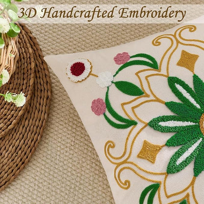 Embroidered Throw Pillow Cover 18x18 Christmas Boho Floral Pattern Pillows Cover Outdoor Decorative Pillowcase,Durable Cozy Textured Cushion Case for Sofa Couch Bed Living Room,Green Yellow