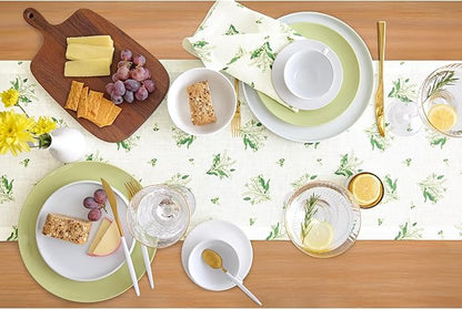 Solino Home Lily Floral Print Table Runner 48 inch - 100% Pure Linen Table Runner 14 x 48 Inch - Machine Washable - Lily of The Valley/Off White Print