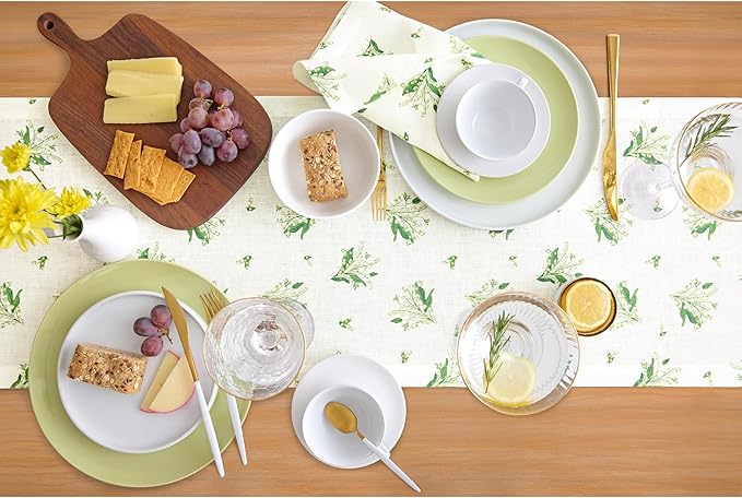 Solino Home Lily Floral Print Table Runner 120 Inches Long - 100% Pure Linen Table Runner 14 x 120 Inch - Lily of The Valley/White Print
