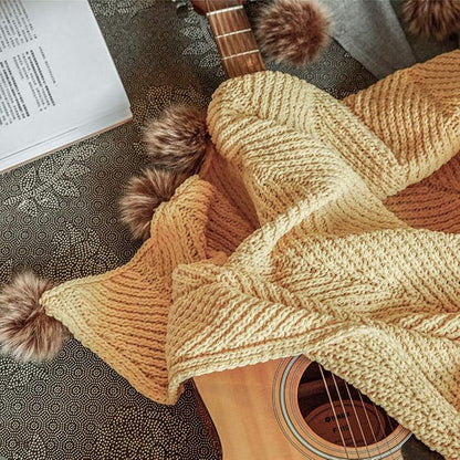 vctops Fur Pom Pom Knit Throw Blanket Super Soft Warm Cozy Cable Knitted Blanket for Sofa and Couch 51 x 63 Inch Mustard Yellow