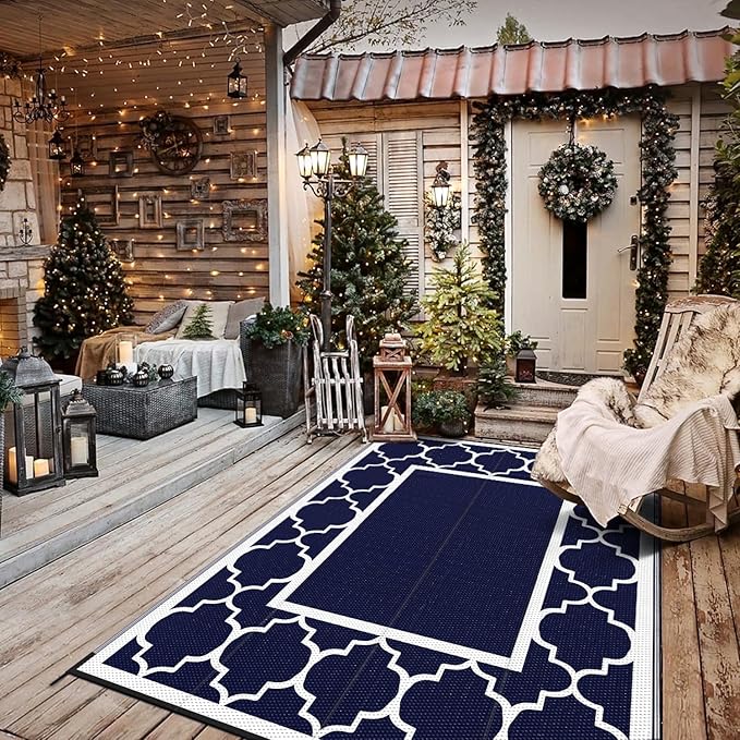 GENIMO Outdoor Rug 8' x 10' Patio Waterproof, Foldable Reversible Plastic Straw Area Rugs Mat for Camper Decor, Outside Carpet for Rv, Deck, Porch, Picnic, Beach, Balcony, Blue & White