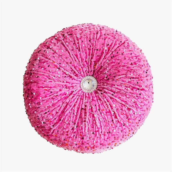 Round Throw Pillow, 13.7" Soft Glitter Sequin Pleated Pumpkin Decorative Round Pillow Circle Floor Pillow Cushions for Sofa Bed Chair Living Room Floor Home Decoration, Rose Red