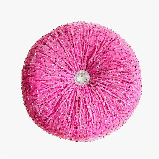 Round Throw Pillow, 13.7" Soft Glitter Sequin Pleated Pumpkin Decorative Round Pillow Circle Floor Pillow Cushions for Sofa Bed Chair Living Room Floor Home Decoration, Rose Red