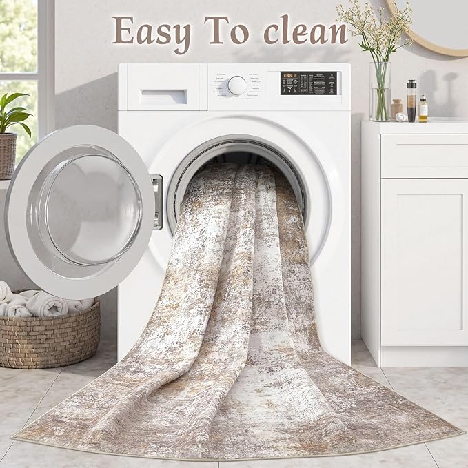 Washable 8X10 Area Rug: Modern Abstract Soft Non-Slip Indoor Rugs Home Decor - Low Pile Stain Resistant Carpet for Living Room Bedroom Dining Room Playroom Office(Golden Brown 8'x10')