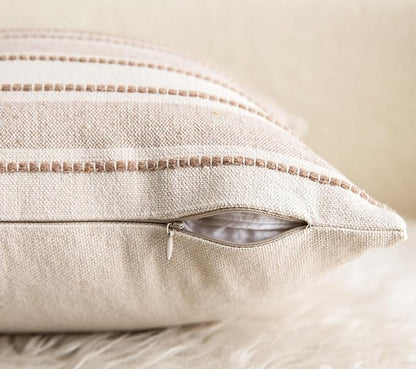Decorative Boho Throw Pillow Covers, Farmhouse Textured Pillow Case, 22 x 22 Inch Set of 2, Chair Sofa Bedroom Living Room Home Decor Couch Cushion Case, Taupe and Beige Striped