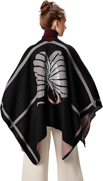 Women's Vintage Pattern Open Front Poncho Cape Shawl Winter Shawl Wraps