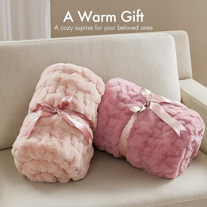 Madison Park Ruched Luxury Throw Premium Soft Cozy Brushed Long Faux Fur for Bed, Couch or Sofa, 50"x60", Pink