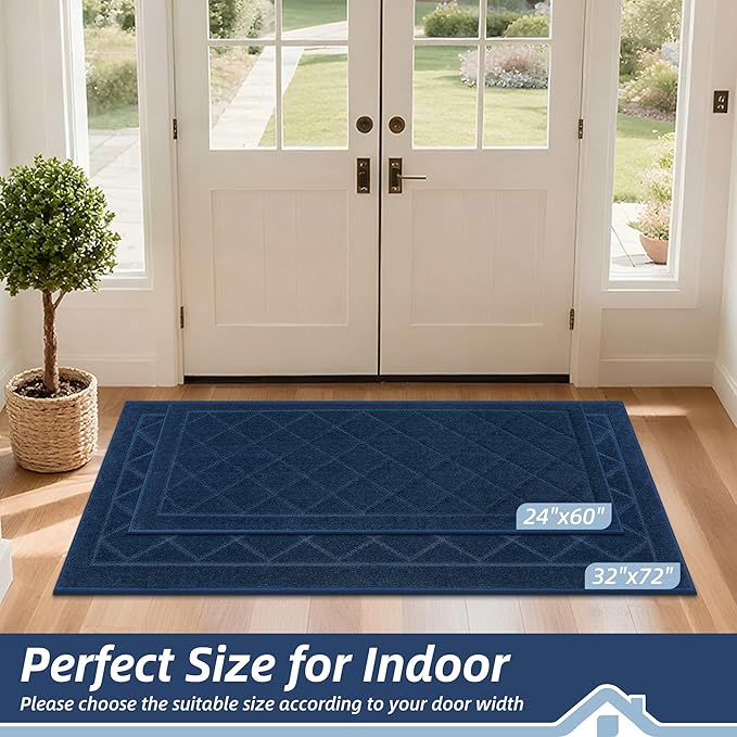 BEQHAUSE Dirt Trapper Door Mat 32" x 72", Doormat Non-Slip Entryway Rugs Washable, Dog Door Mat Stain Resistant and Absorbent Welcome Floor Mat for Front Back Door, Muddy Wet Shoes & Paws, Navy Blue