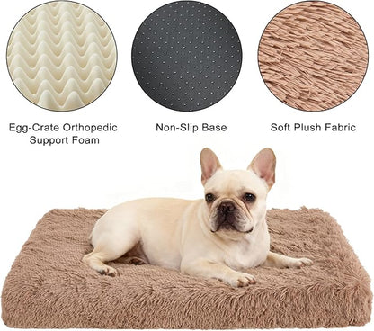 Fluffy Orthopedic Dog Beds for Puppy/Cats with Washable Removable Cover Dog Crate Bed Egg Crate Foam Support Plush Pet Pad Mat with Anti-Slip Bottom (24 * 16,Khaki)