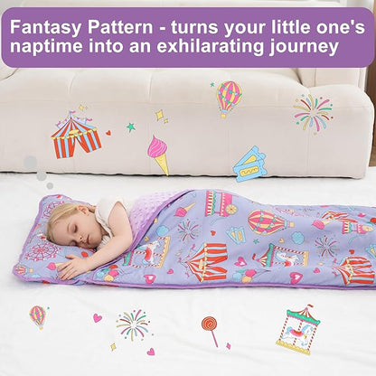 Viviland Toddler Nap Mat, Rolled Sleeping Mats with Pillow and Minky Dot Blanket, Large Thick Kids Girls Slumber Bag/Sleeping Mat for Preschool, Daycare, Kindergarten, Travel Camping