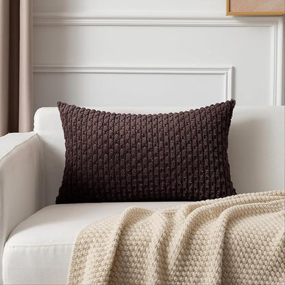 Kevin Textile 12x24 Inch Pillow Cover 1 Pack Boho Decorative Soft Striped Corduroy Lumbar Farmhouse Accent Rectangle Cushion Case for Living Room Couch Sofa Bed, Coffee