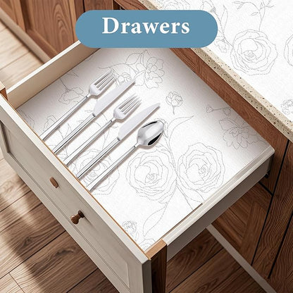Shelf Liners for Kitchen Cabinets 12in x 30FT Non Adhesive Drawer Liner Sliver Floral Thickened Shelf Liner Paper Strong Non-Slip Easy to Clean for Tool Box Refrigerator with Knife and Tape Measure