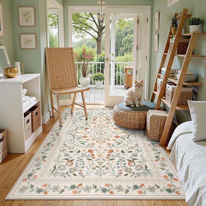 Lahome Floral Area Rug 5x7, Washable Soft Kids Room Nursery Rug Non Slip Ultra-Thin Carpet for Bedroom, Vintage Botanical Print Carpet for Playroom Classroom Living Room, Beige