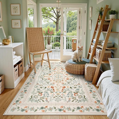 Lahome Floral Area Rug 5x7, Washable Soft Kids Room Nursery Rug Non Slip Ultra-Thin Carpet for Bedroom, Vintage Botanical Print Carpet for Playroom Classroom Living Room, Beige