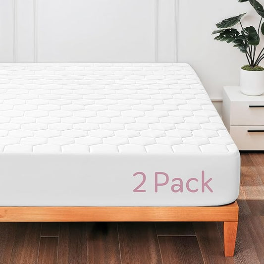 Hearth & Harbor 2 Pack Twin Size Quilted Fitted Mattress Pad Cover, 100% Waterproof Mattress Protectors, Deep Pocket Fitted Mattress Cover 8" - 21" (39" x 75", White)