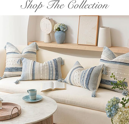 BlissBlush Coastal Blue Boho Decorative Throw Pillow Cover 18x18 Modern Bohemian Accent Pillow Case Square Woven Textured Farmhouse Pillows for Couch Bed (Pack of 1)