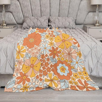 Retro 70s Floral Blanket, Hippie Summer Groovy Flower Power Flower Boho Print Throw Blanket for Couch Sofa Couch Chair 30"x40"