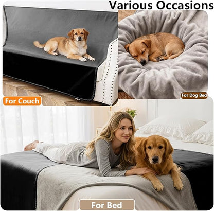 Waterproof Blanket for Bed King Size, Leak Proof Dog Couch Blankets Reversible, Pet Throw Sofa Furniture Protector Machine Washable-82 x108,Black+Lightgrey