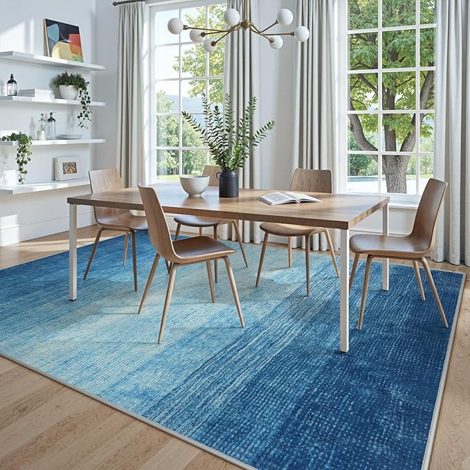 Wonnitar Modern Ombre 8x10 Living Room Rugs, Washable Blue Rug for Bedroom Non-Slip, Soft Stain Resistant Thin Non-Shedding Gradient Area Rug for Dining Guest Room Playroom (Blue, 8'x10')