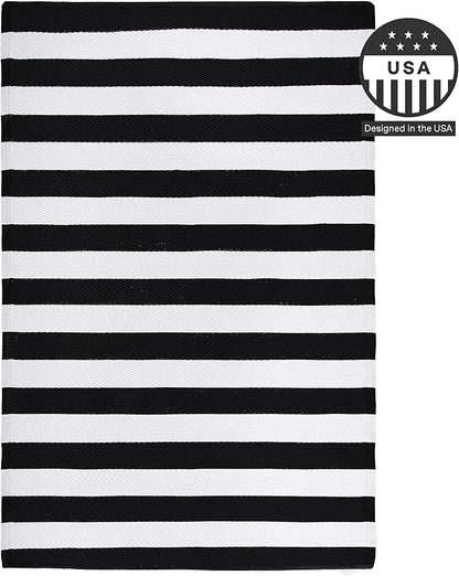 FH Home Outdoor Rug - Waterproof, Fade Resistant, Reversible - Premium Recycled Plastic - Striped - Large Patio, Deck, Sunroom, Camping, RV - Brittany Stripe - Black & White Crease Free - 5 x 8 ft
