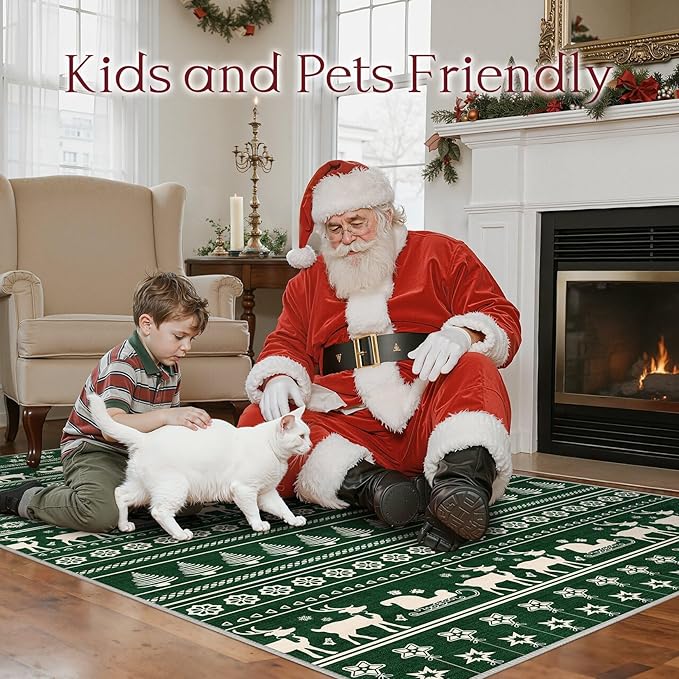 Abstract Living Room Rug 5X7 - Modern Washable Christmas Soft Thin Area Rug for Living Room Bedroom Under Dining Table - Neutral Indoor Floor Rug Carpets for Home Office Playroom Nursery - Dark Green