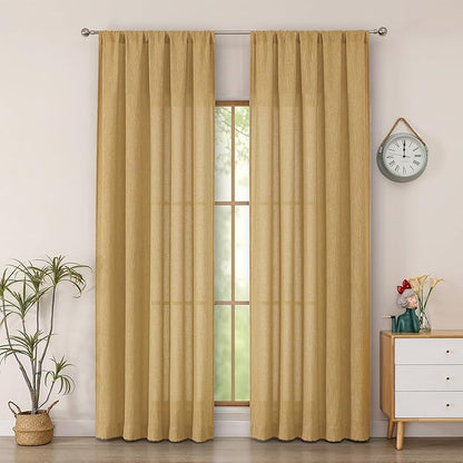 Simplebrand Gold Semi Sheer Faux Linen Textured Curtains 84 Inches Long 2 Panels, Light Filtering Farmhouse Bedroom Curtains, Farmhouse Rod Pocket Soft Thick Window Drapes for Living Room, 50Wx84L