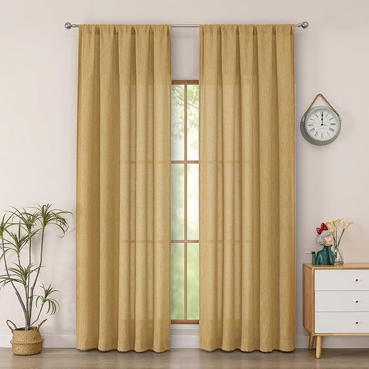 Simplebrand Gold Semi Sheer Faux Linen Textured Curtains 84 Inches Long 2 Panels, Light Filtering Farmhouse Bedroom Curtains, Farmhouse Rod Pocket Soft Thick Window Drapes for Living Room, 50Wx84L