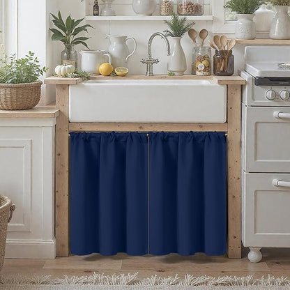 BGment Blackout Kitchen Curtains for Window Over Sink 30 Inch Long - Short Room Darkening Drapes with Rod Pocket Privacy for Basement Bathroom Cafe Window, Navy Blue, 2 Panels, 42 x 30 Inch