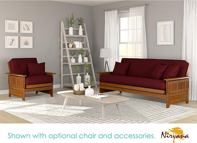 Nirvana Futons Brentwood Tray Arm Futon Sofabed Set - Full Frame, 8" Thick Burgundy Mattress, Rich Heritage Finish