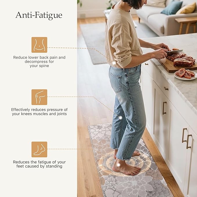 GENIMO Kitchen Mats for Floor, Kitchen Rugs Non Slip Washable Sets of 2, Waterproof Cushioned Anti Fatigue Mat, Floral Runner Rug for Laundry, Sink, Office, Home, 17.3"x59"+17.3"x30", Taupe Grey