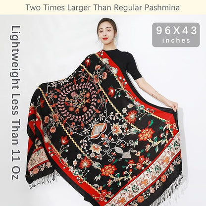 DANA XU 100% Merino Wool Pashmina Shawl for Women 96"x43", Oversized Cashmere Wrap with Tassels, Floral Travel Blanket Cape