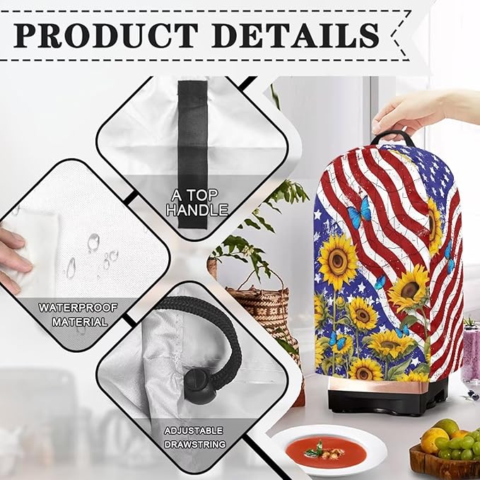American Flag Sunflower Blender Dust Cover Stand Mixer or Coffee Maker Appliance Covers with Drawstring, Anti Fingerprint Dust Proof Stain Resistant Blender Cover for Kitchen