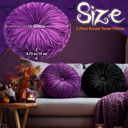 2 Pcs Round Throw Pillows 15 Inch Decorative Velvet Pleated Pumpkin Floor Boho Pillows for Living Room Couch Chair Bed Sofa (Black and Purple)