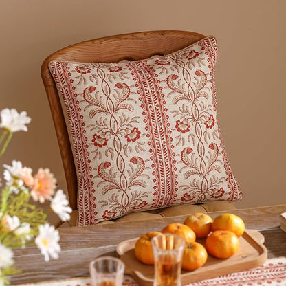 ISAENNE Design Euro Linen Square Throw Pillow Covers 18"x18" Pack of 2, French Country Cushion Covers with Orange Morris Floral Pattern Decoration Pillowcases for Bed, Living Room, Outdoor, Car